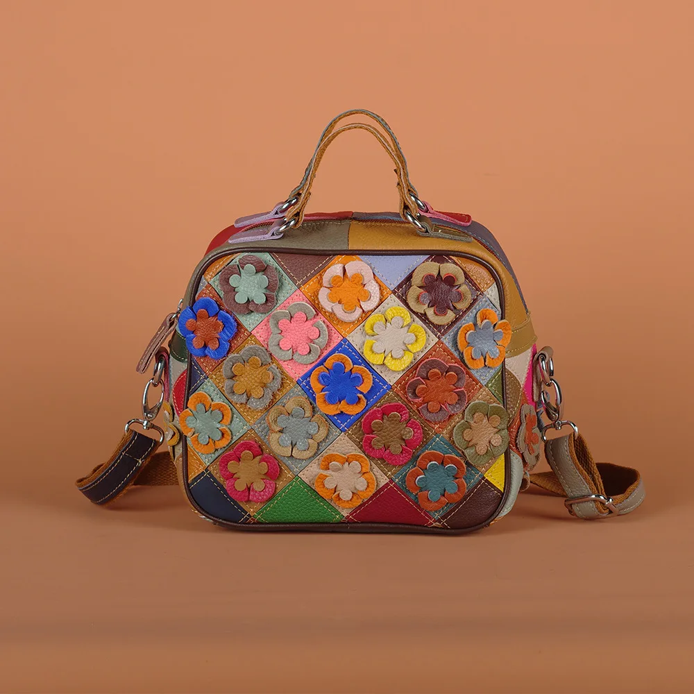 

Leather handbag crossbody bag, handmade random pattern splicing flower bag, colorful grid splicing leather small square bag