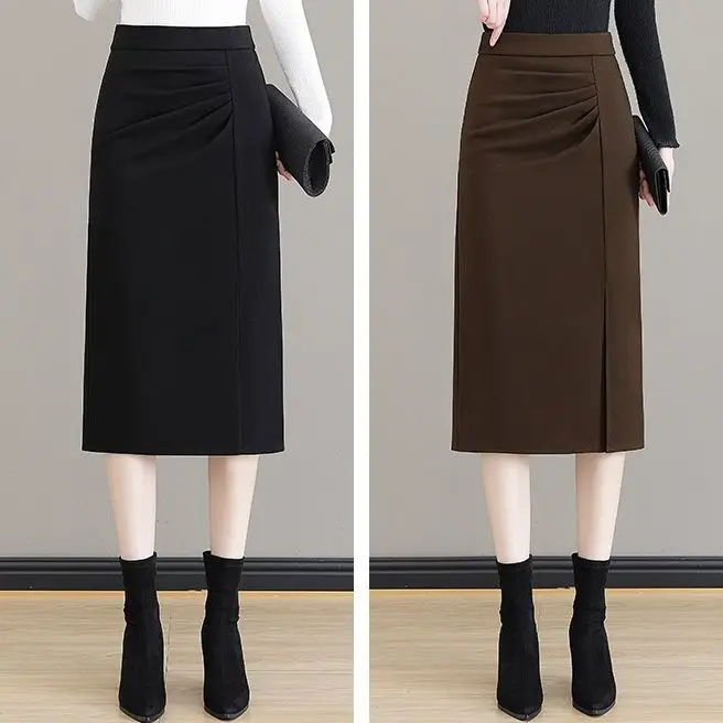 Jupe en laine pour femmes, automne hiver, taille haute, amincissante, Tube droit, hanche, mi-longue, fente, robe une étape