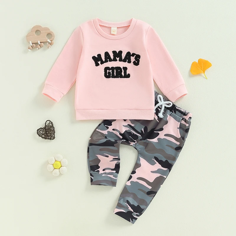 2024-06-07 Lioraitiin Toddler Girl Fall Outfits Letter Embroidered Long Sleeve Sweatshirts and Camouflage Long Pants 2Pcs Set