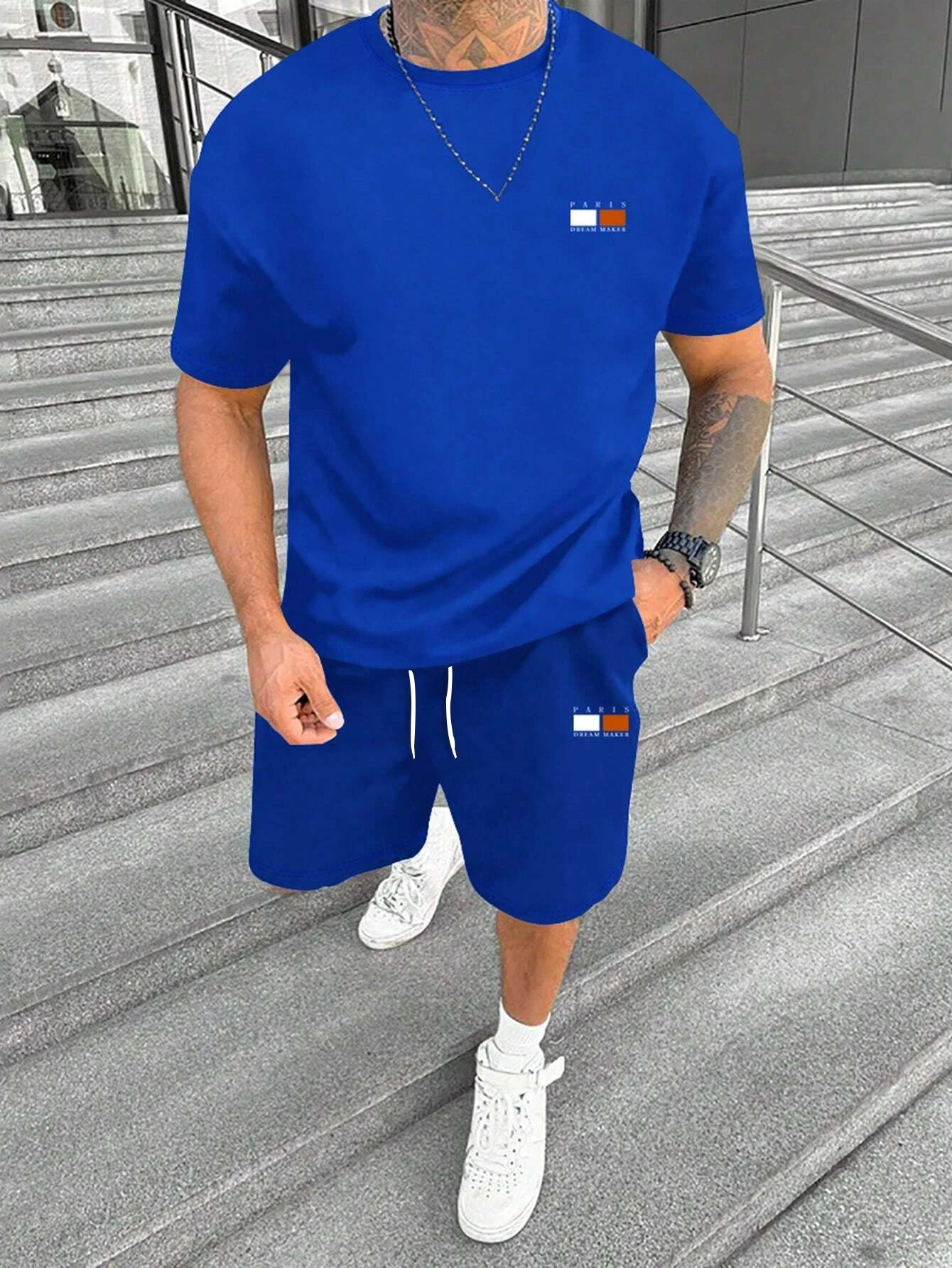 

New Arrival Summer Tracksuit For Men Solid Color Paris Short Sleeve T Shirt Shorts 2 Piece Set Oversize Casual Suit Male Clothes