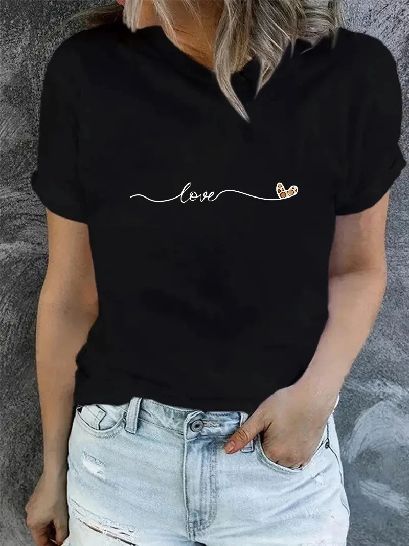 Nadruk napisu Love letni z krótkim rękawem nowy okrągły dekolt modne Top w stylu Vintage wzór w cętki T-Shirt Plus Size ulicznych kobiet