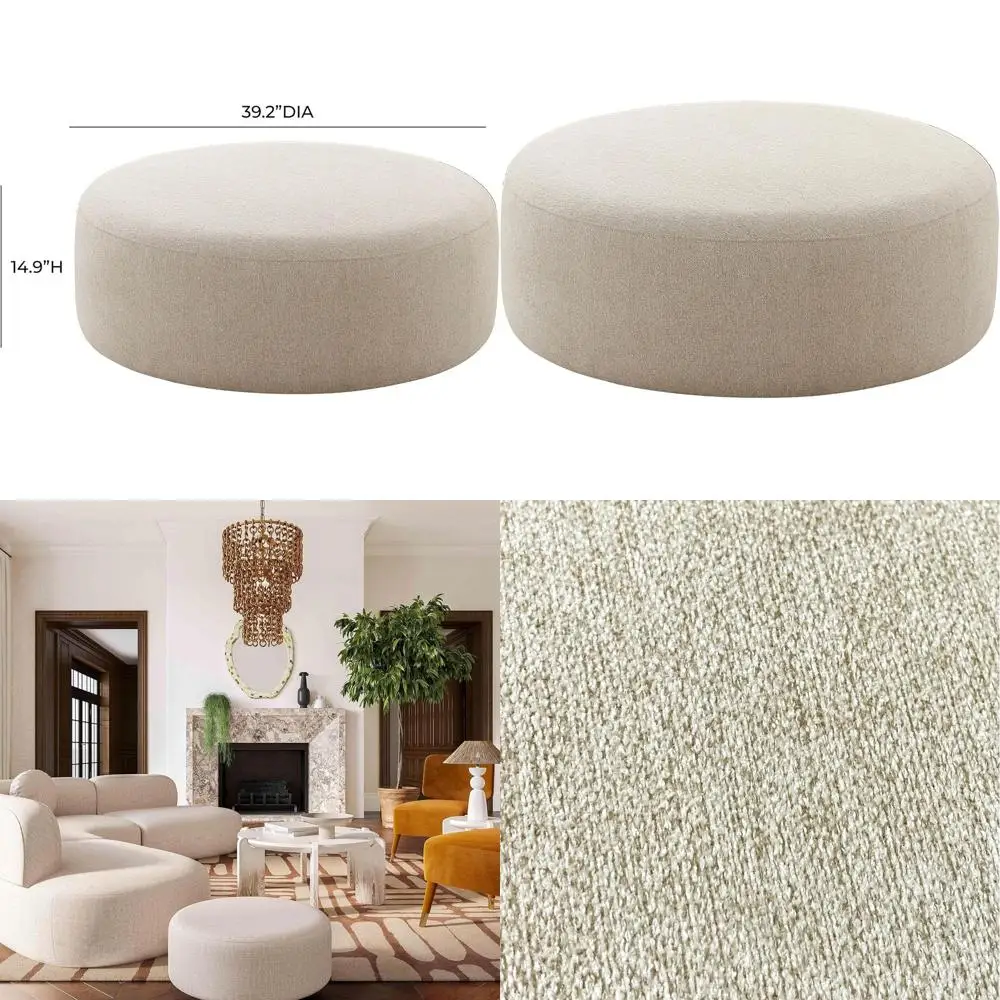 

Contemporary Curved Fabric and Wood Ottoman, 39.2 W x 39.2 D x 14.9 H, Handcrafted Accent for Living Room or Bedroom