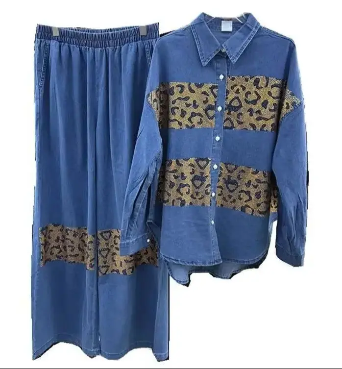 2025 신상 봄 가을 여성 투피스 세트 핫 드릴링 루즈핏 긴팔 데님 가디건 코트 + 와이드 레그 캐주얼 스트레이트 청바지