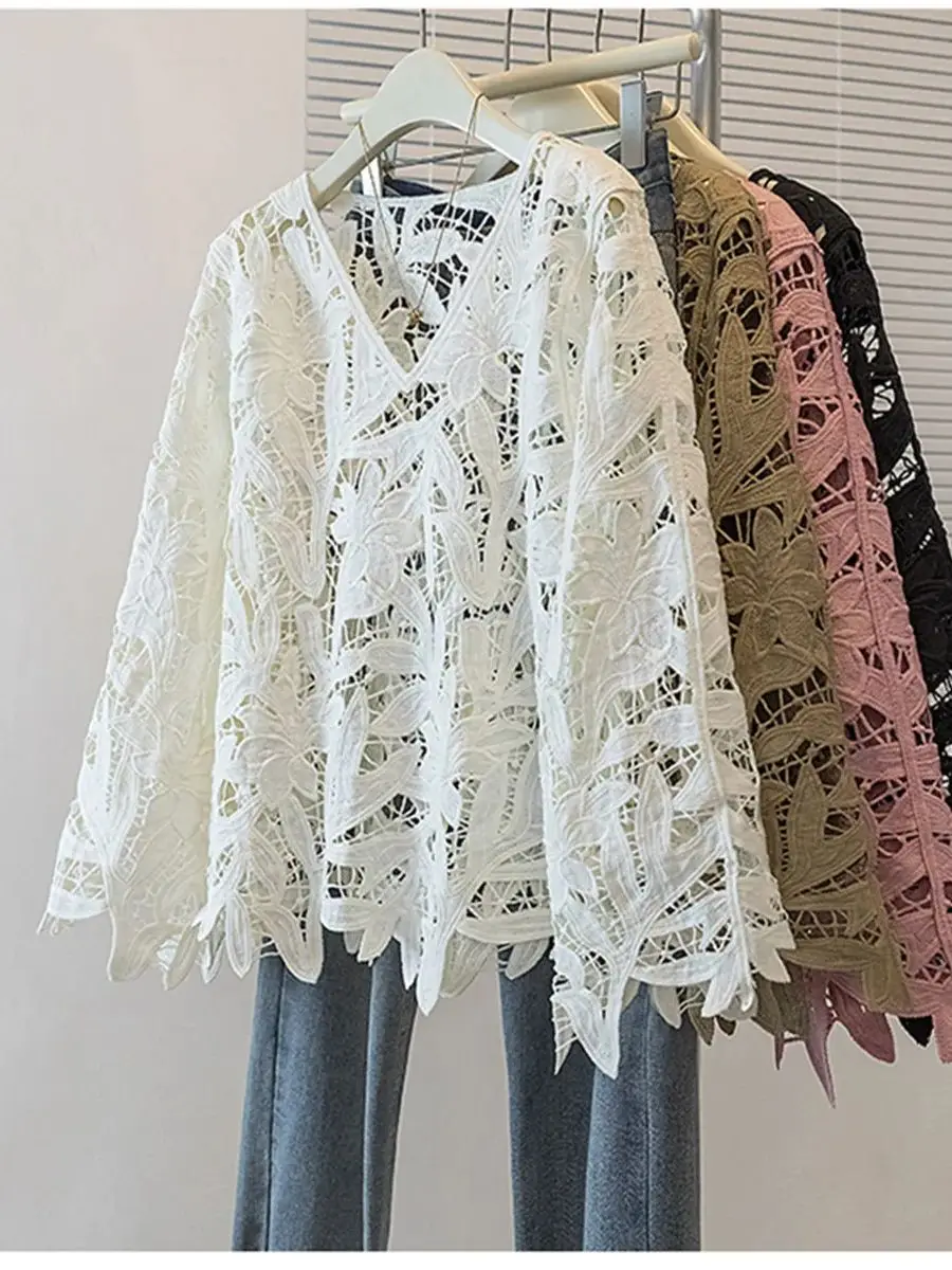 

Summer Fall Solid Hollow out Lace Women's Blouse Korean Fashion V-neck Long Sleeve Lace-Up Embroidered Straight-Cut Tops