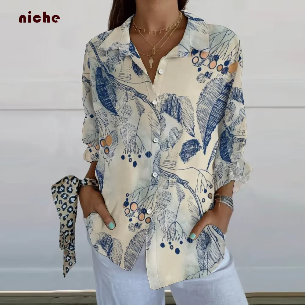 Camisa de gasa para mujer, camisa elegante con cuello tipo Polo, estampado de plumas, playa, cómoda, fresca, diseñador, tendencia de moda, nueva ropa de playa