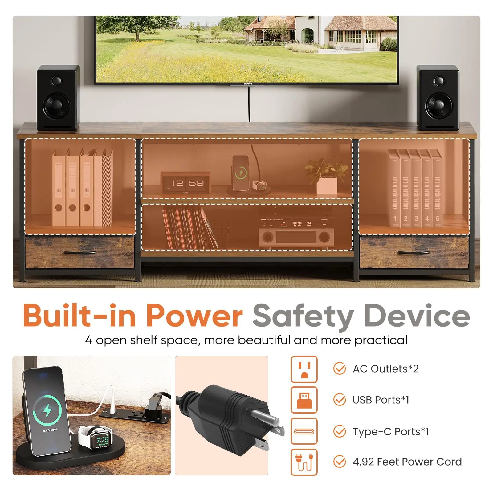 JHK 63IN Wooden Tv Stand For Up To 75 Inch TV Entertainment Center For Living Room Media Console Adjustable Shelf 2 Storage image 6