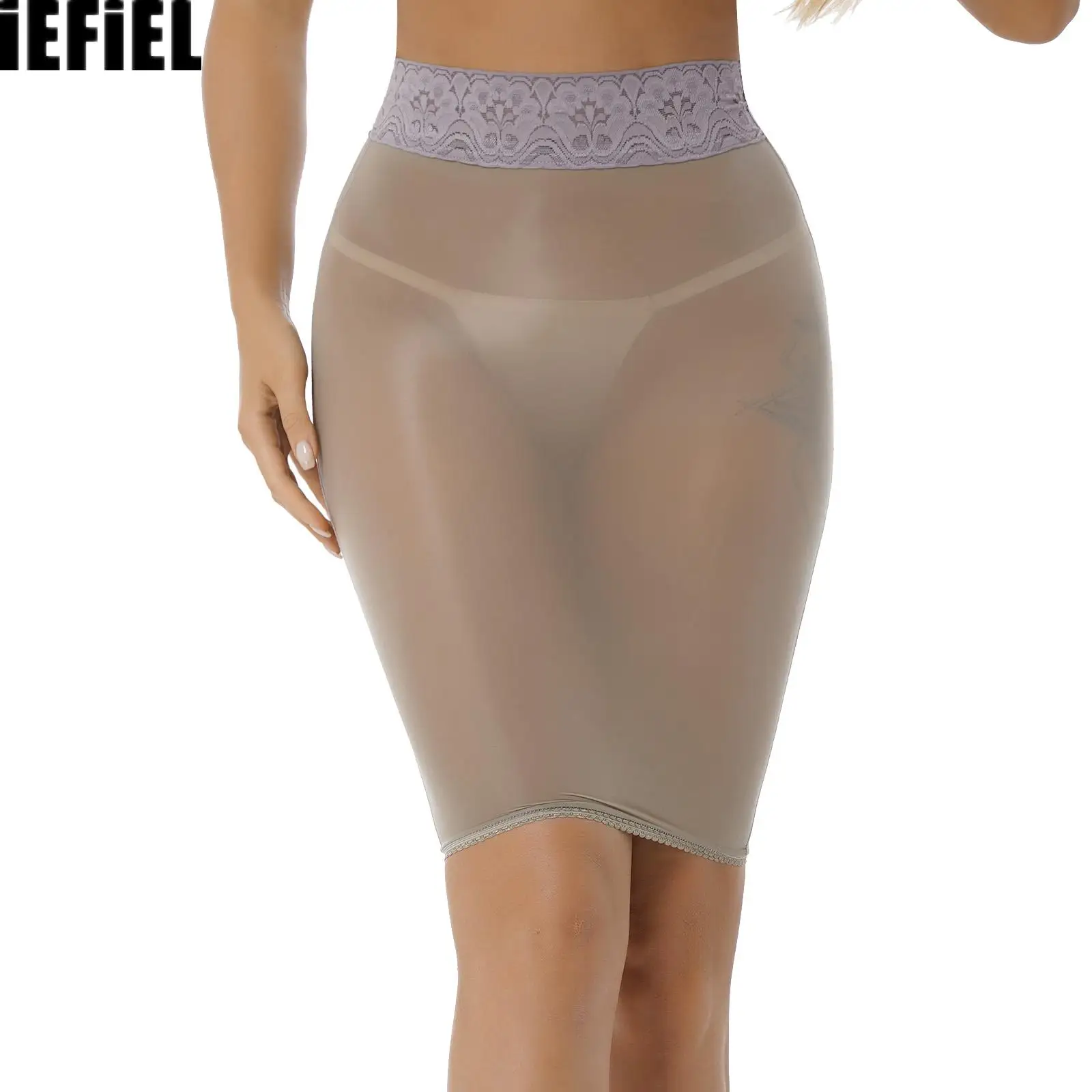 

Womens Lace Patchwork High Waist Pencil Skirt Glossy Stretchy Semi See-through Bodycon Skirts