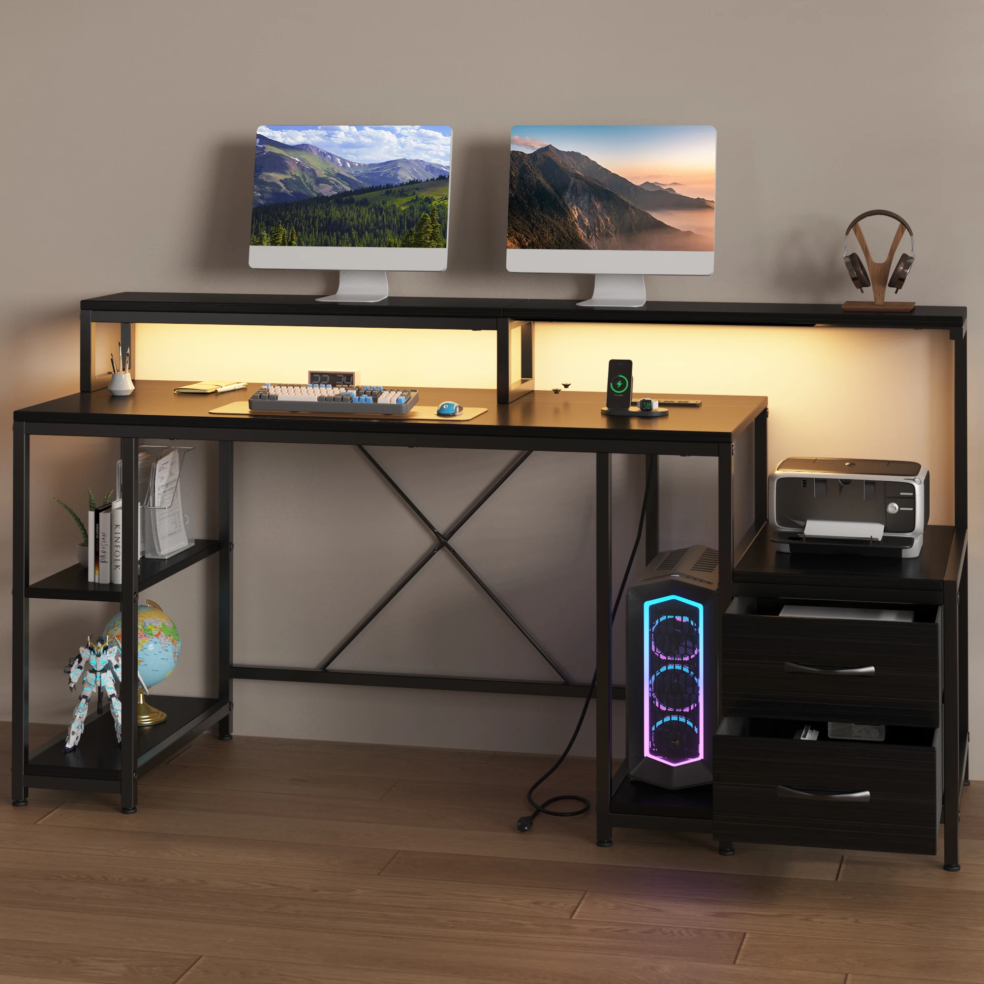63-Inch L-Shaped Computer Desk with RGB LED Lights, Built-In Power Outlets and USB Ports, Dual Monitor Stand, File Drawer, Printer Shelf, Storage Shelves and Reversible Sides, Home Office Writing Desk