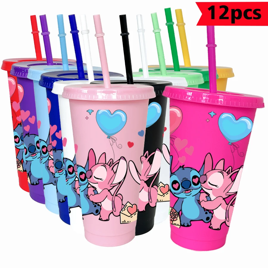 

12 шт./упак. Disney Stitch Angel 26 унций цветной пластиковый стакан для дня рождения, питьевая посуда, кружка для сока, кофе