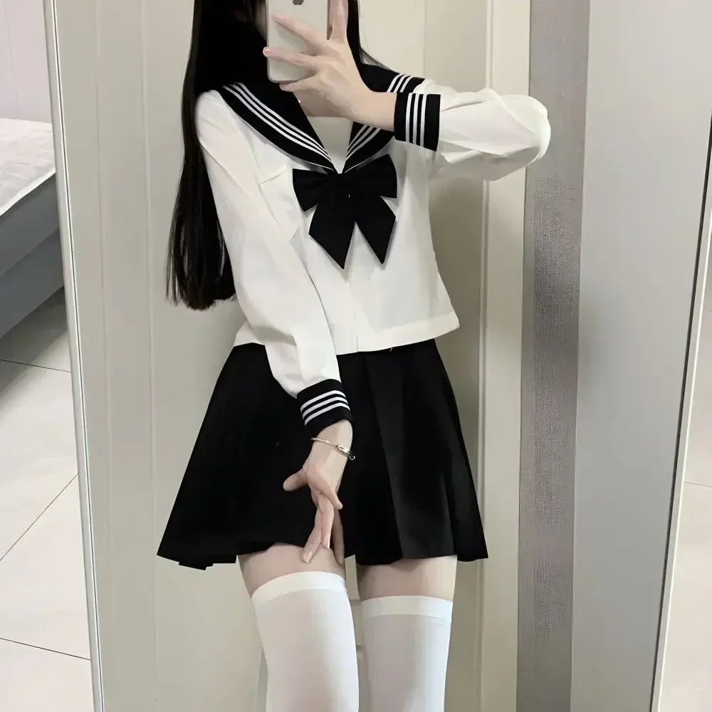 Uniforme escolar básico JK con cuello negro y líneas blancas, trajes de marinero para niña, Falda plisada, ropa de estilo japonés, disfraces de Anime COS para mujer