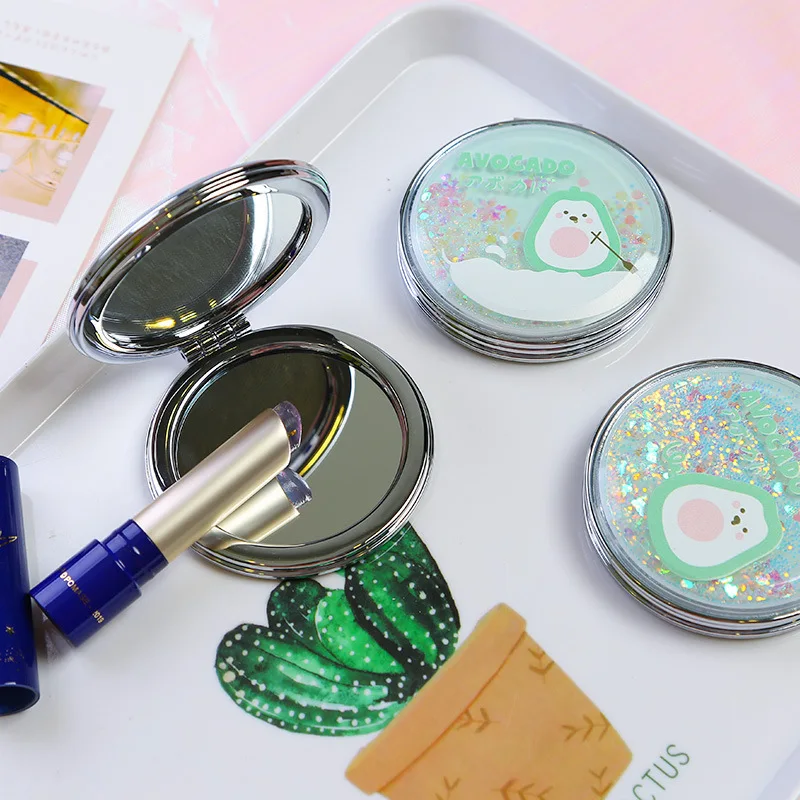 L342 Portable Double-Sided Folding Cosmetic Mirror Girl Gift Flowing Sparkling Sand Mini Avocado Makeup Mirror Compact Pocket