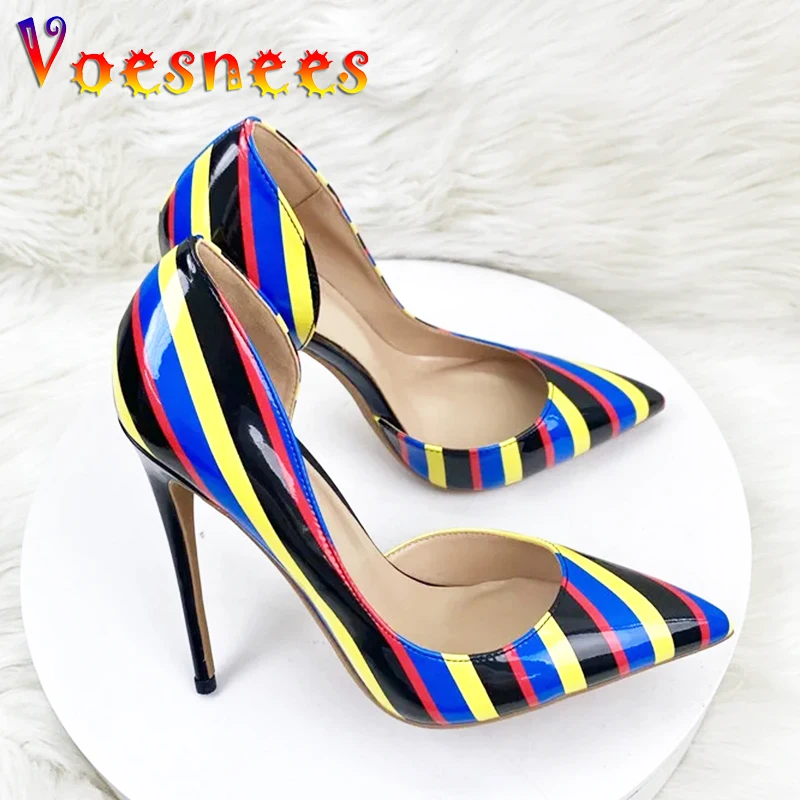 Model Catwalk Show High Heels Colorful Stripes Summer Party Fashion Women's Shoes 12CM Summer Color Matching Pointed Toe Pumps