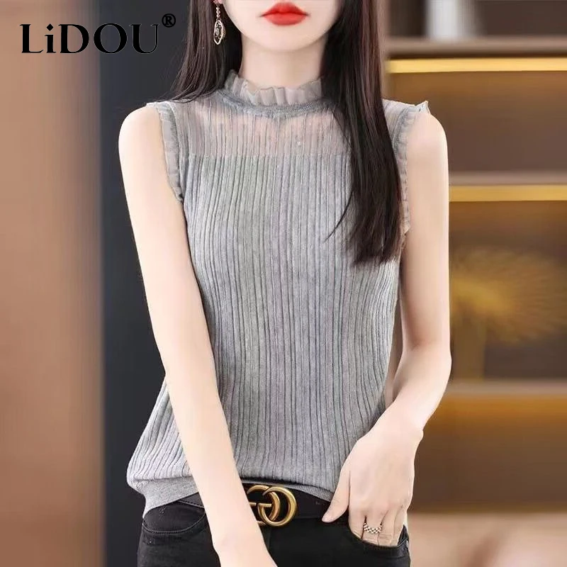 

Summer Solid Color Sleeveless Tank Top Round Neck Lace Patchwork Hollow Out Bottoming Shirt Edible Tree Fungus Knitting Tops