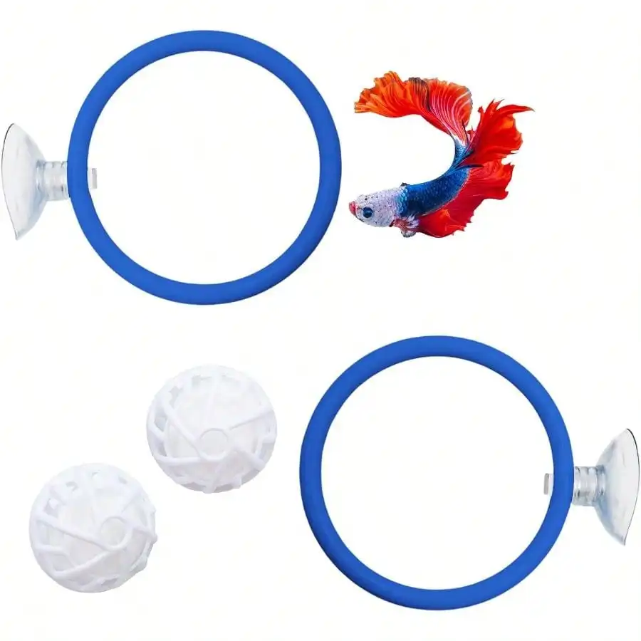 Betta Fish Accessories, 2 Plastic Feeding Rings With Suction Cups And 2 Nitrifying Balls, Betta Enrichment Toys, Fish Decor, Toys Aquatic