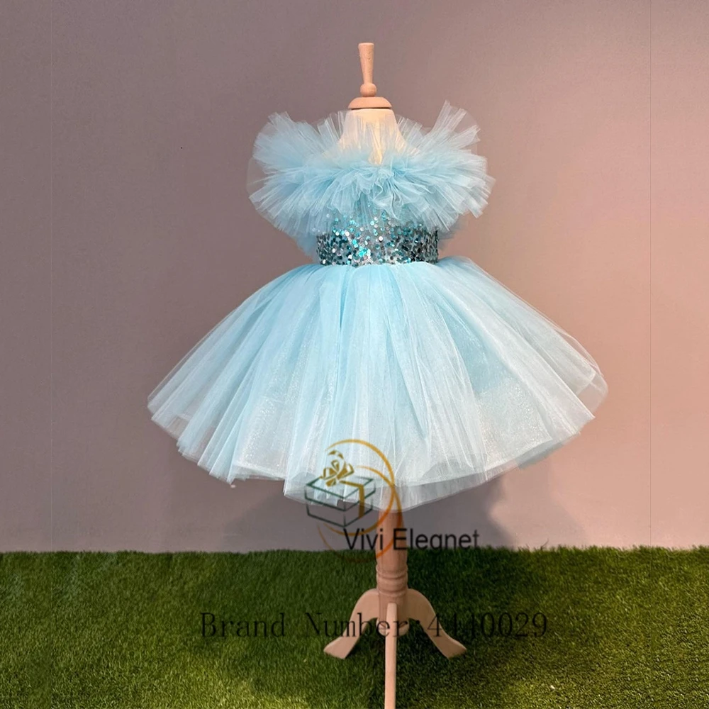 Charming Mint Blue Flower Girl Dresses for Women Sequined Knee Length Soft Tulle Wedding Party Gowns 2023 Summer فساتين اطفال لل