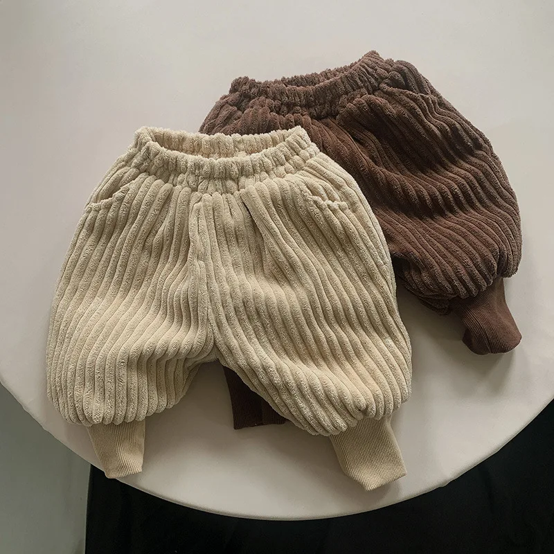 

Winter Baby Girls Boys Warm Corduroy Solid Color Pants Korean Style Kids Elastic Waist Plush Trousers Children Thicken Pants