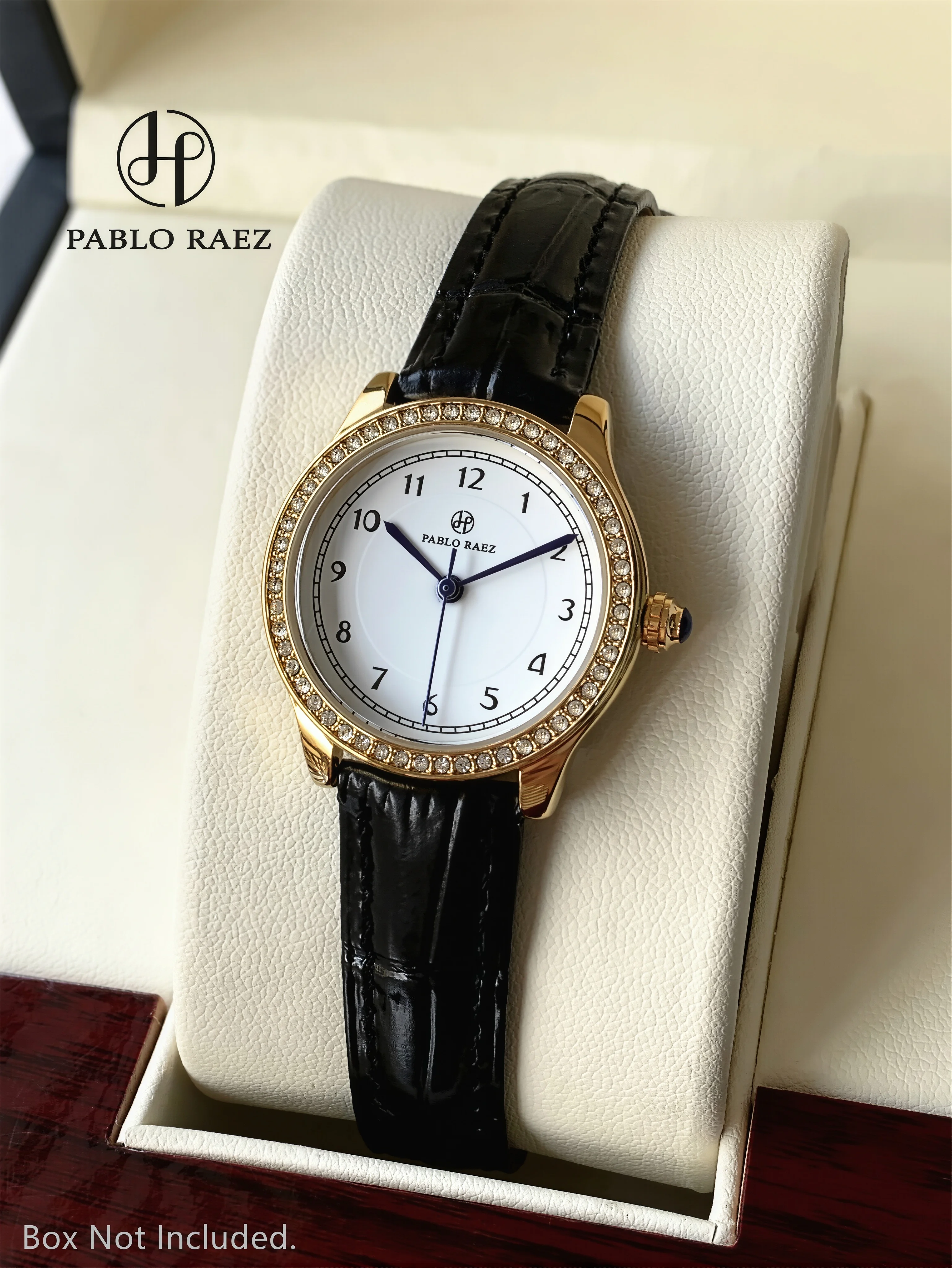 

Роскошные женские часы PABLO RAEZ с кожаным ремешком, круглым цифровым циферблатом, бриллиантовым безелем, водонепроницаемые кварцевые часы, подарочная коробка на день рождения