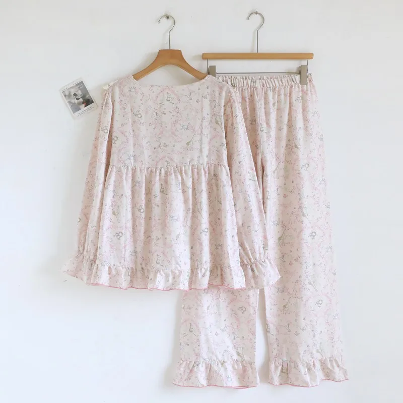 Square Collar Cotton Yarn Lace Pajamas Sweet Style Home Wear Pullover Pajamas Spring Summer New Long Sleeved Plus Size Sets
