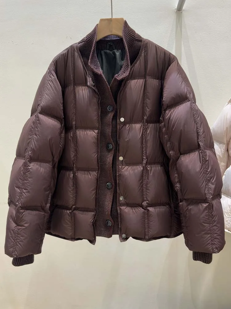 Luxury Knit patchwork down jacket for women 2026 Winter Thick warm turtleneck long sleeve puffer coat Korean style INKEO DJ668