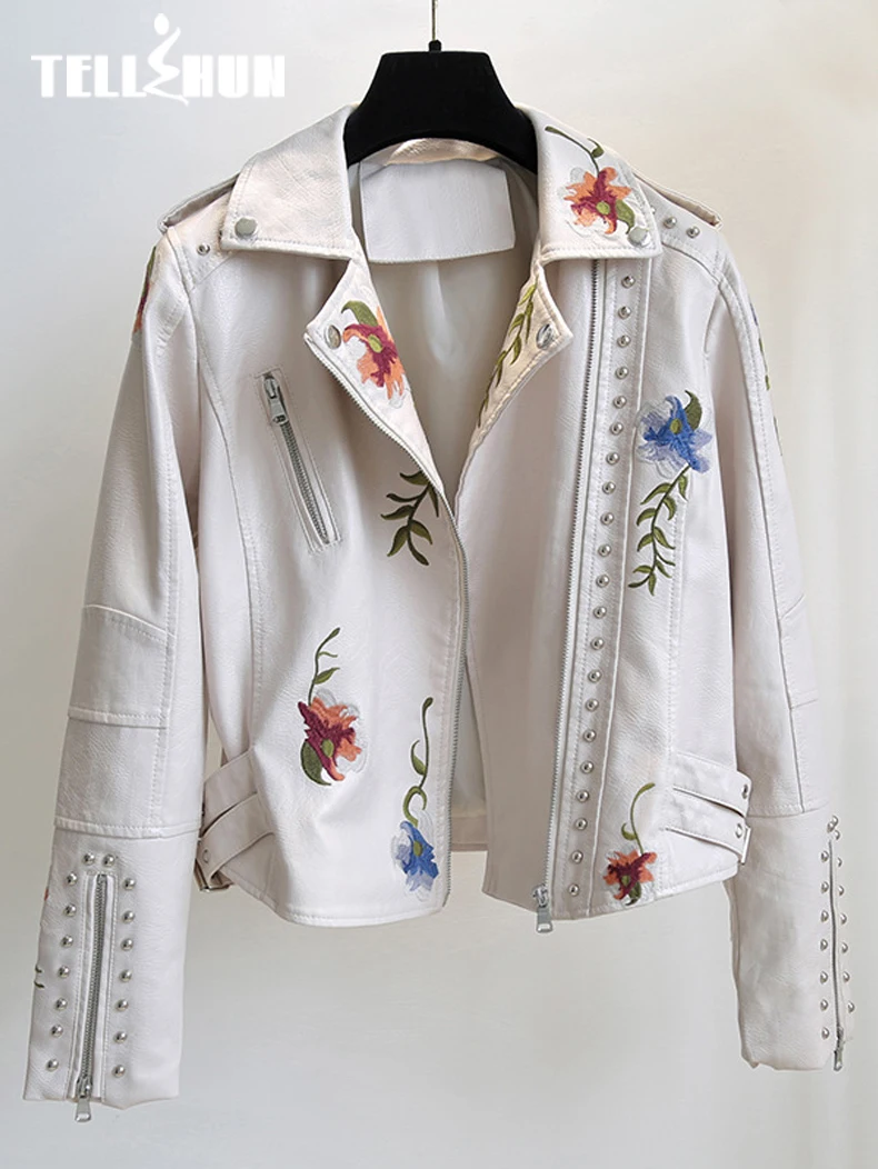 New Women Retro Floral Print Embroidery Faux Soft Leather Jacket Coat Turndown Collar Pu Moto Biker Black Punk Outerwear