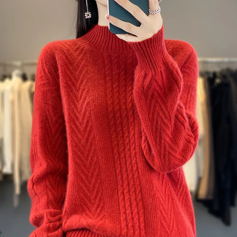 4-color New Women\'s 100 Pure Wool Knitted Women\'s Half High Neck Pullover Sweater Loose and Comfortable Autumn and Winter Women\'