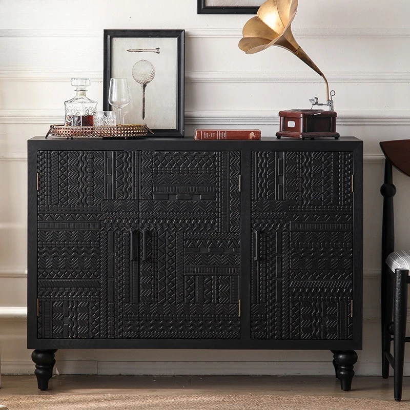 

Black carved TV cabinet, simple Indonesian retro locker, antique furniture porch cabinet