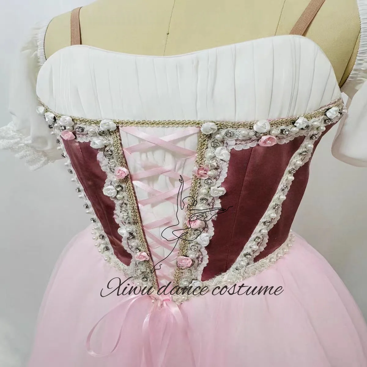 التخرج الكرة الاختلافات فستان الباليه الكلاسيكية الأبيض فستان طويل الأزرق حزام القوس مجموعة الماس جراند سوينغ اللباس