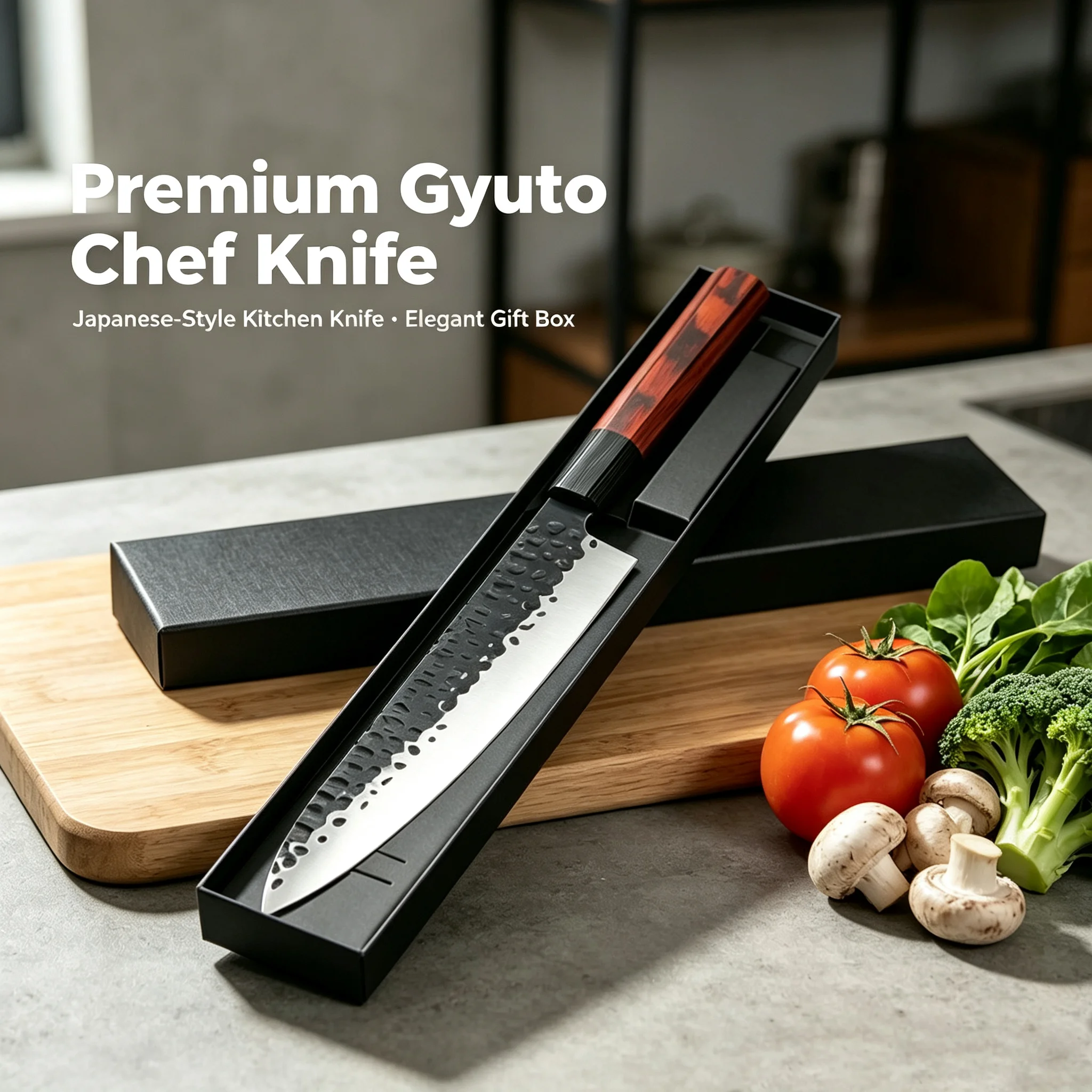 8-inch Japanese-style kitchen knife, hand-forged kitchen knife, cooking knife for the kitchen, wooden handle, gift box packaging