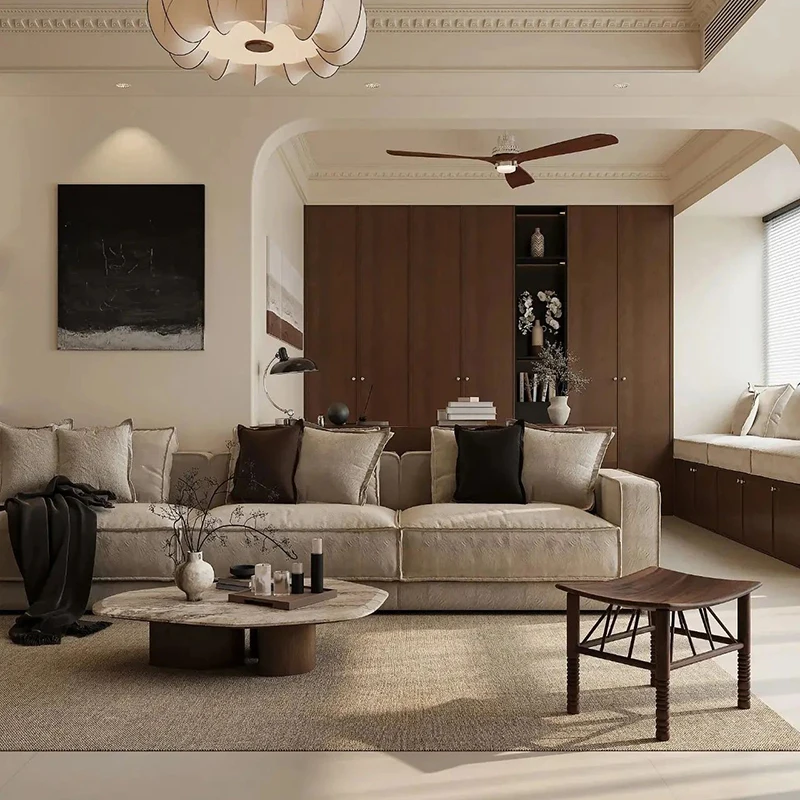 طاولة طعام خشبية على الطراز الكريمي العتيق، خزانة غرفة المعيشة، تصميم جرافيك مخصص للمنزل بأكمله لمشروع الشقة أو الفيلا