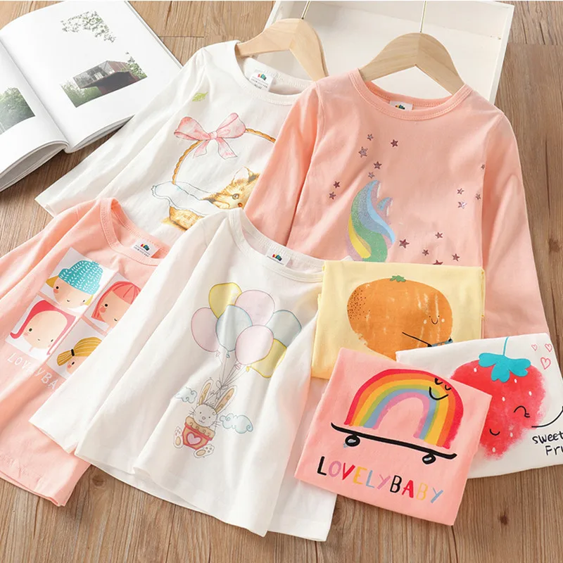 2024 Spring Autumn Fashion New 3 4 5 6 7 8 9 10Years Kids Cute Candy Color Tops Long Sleeve Cartoon Basic T-Shirt For Baby Girls