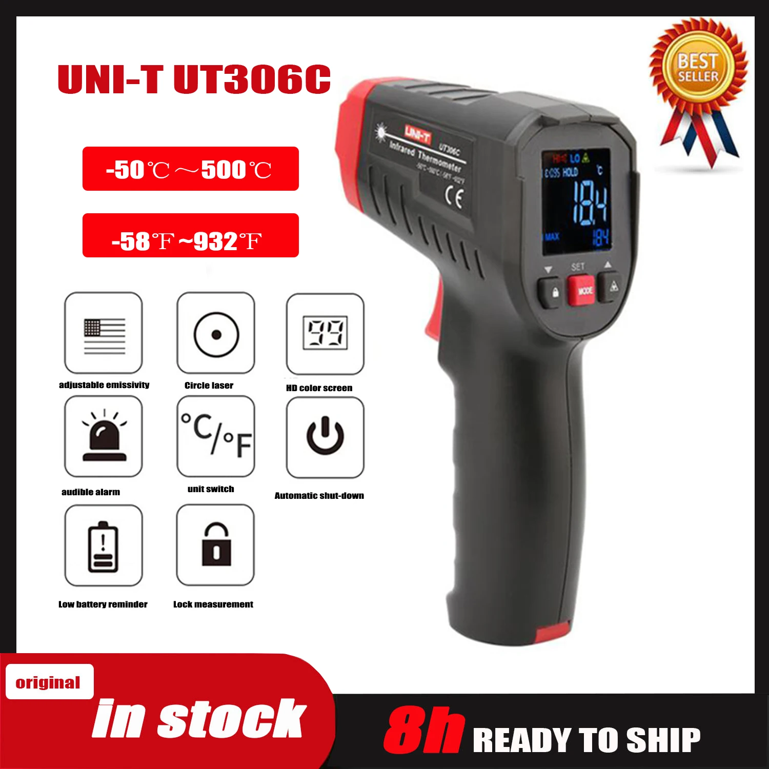 UNI-T UT306S / UT306C Digital Thermometer Non-contact industrial Infrared Laser Temperature Meter Temperature Gun Tester,New.