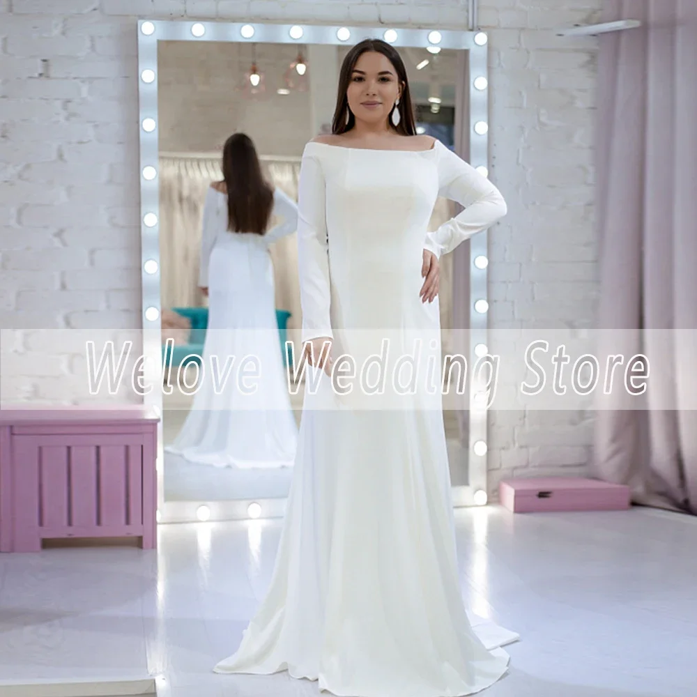 Schulterfreies, langärmliges, standesamtliches Hochzeitskleid mit U-Boot-Ausschnitt, einfaches Brautkleid für die Braut, bodenlanger Knopf, Übergröße, Robe De Mariee