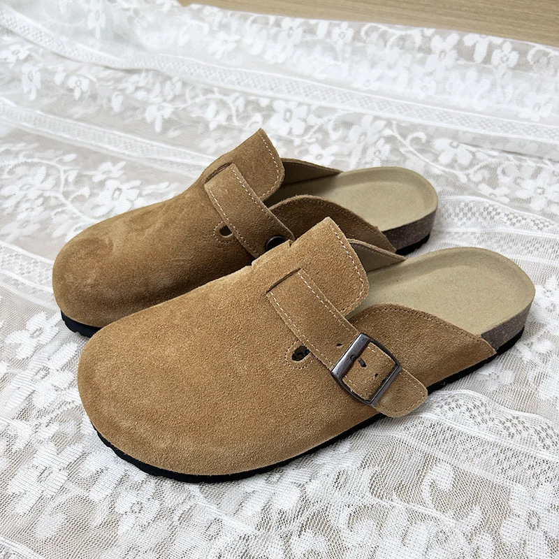 2024 New Women's Suede Leather Flat Shoes Autumn and Winter Cork Sole Baotou Women's Flat Slippers