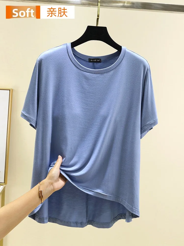 Modal rond Ne Svel T-irt femmes été mince décontracté grande taille sans soutien-gorge Base irt juillet cerf loisirs Sle ort Sve