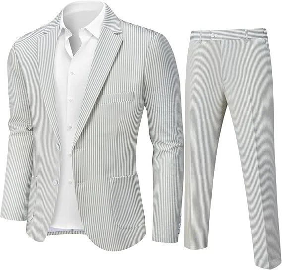 Tesco Men's 2 Piece Suit Slim Fit Striped Suit Lightweight Breathable Customized Suit Jacket and Pants Set for Beach Wedding