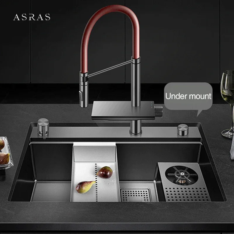 ASRAS Nanometer Cup Rinser Kitchen Sinks 4mm Thickness Handmade SUS 304 Stainless Steel Sinks Waterfall Faucet Kitchen Sinks