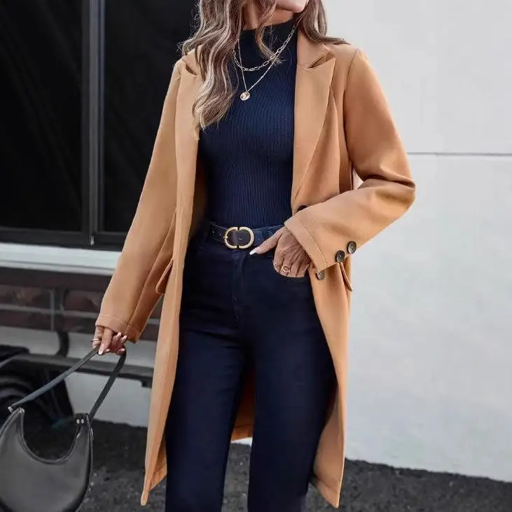 Ele Faionable Wełniany Płaszcz Damski Długi Jednorzędowy z Klapami Średniej Długości Casualowa Odzież Wierzchnia Jesień Zima Damska F...