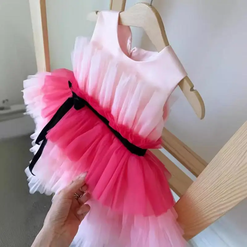 2024 Pink Gradient Kids Girls Cake Dress Sleeveless Dresses Round Neck Children Clothing Ballet Performance Pageant Costumes