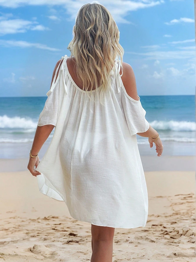 Luźna narzutka plażowa damska na wakacje nad morzem, strój kąpielowy, okrągły dekolt, bez ramiączek, luźna sukienka wkładana przez głowę, ochrona przeciwsłoneczna, odzież plażowa.