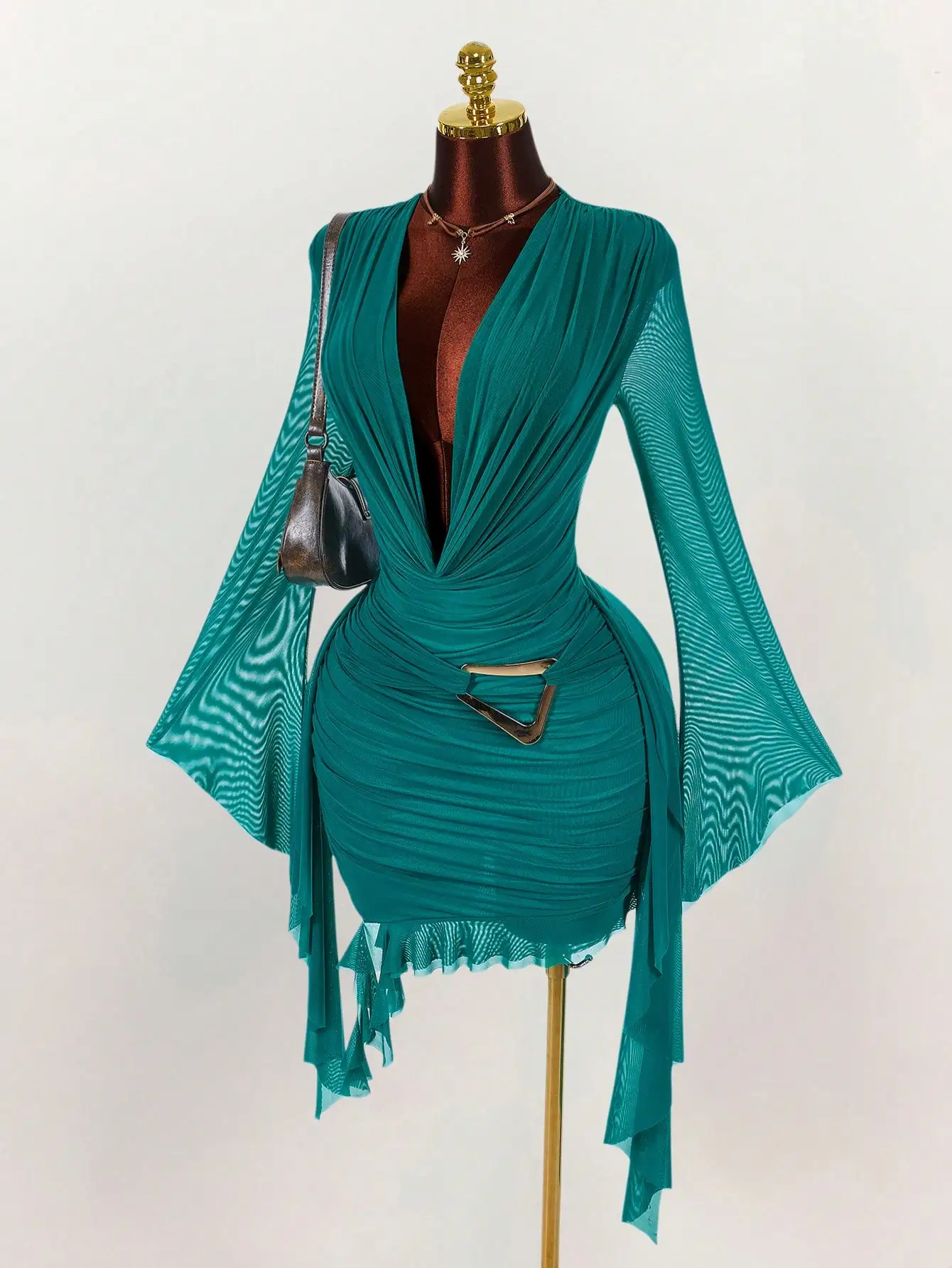 

Emerald Green Ruched Mini Dress with Bell Sleeves, Deep V-Neck and Asymmetrical Hem for Party