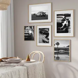 Portrait of Middle Ages Black and White Sports Car Posters and Prints Canvas Painting Wall Art Pictures Home Bar Room Decoration