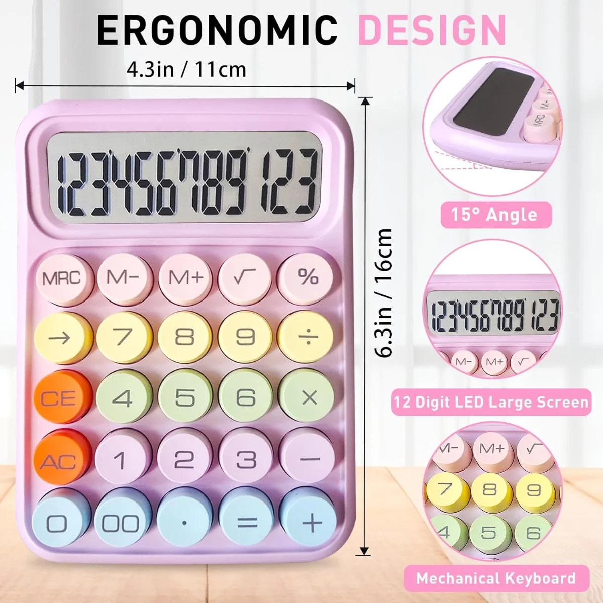 Cute 12 Digit Large LCD Display Big Round Button Mechanical Calculator Use as Office Calculators Desktop 15°Tilt Screen for Kids