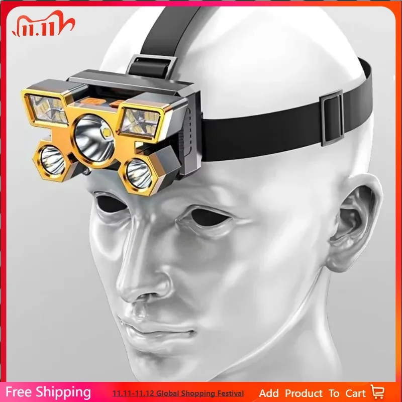 

Super Brightest 5 LED Headlamp Rechargeable Waterproof Head Torch for Outdoor Camping Running Powerful Lighting Headlights