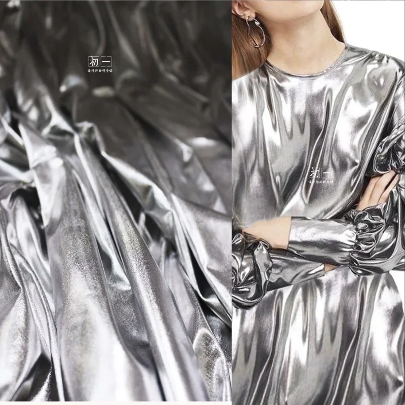

Ultra Thin Elastic Mirror Glossy Silver Coated Fabric Soft Metal Fashion Dress Accessory Design Sewing Material Wholesale Cloth