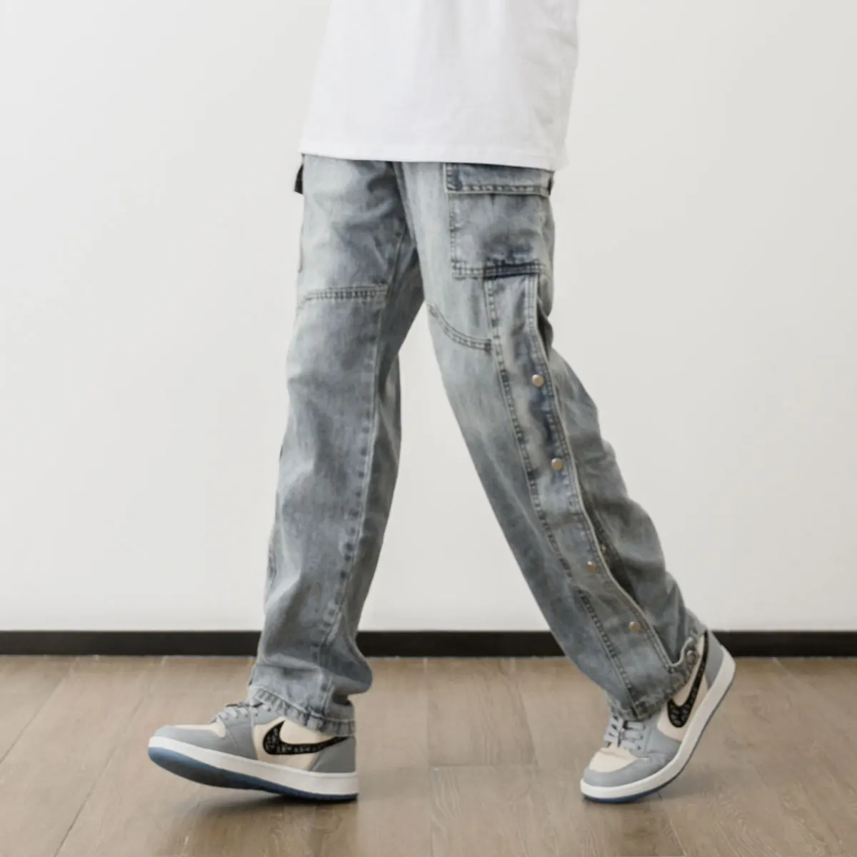 Men Fashion Denim Jeans Casual Bottom Button Open Straight Jeans with Pockets Hip Hop Streetwear Zipper Cargo Joggers Jean Pants