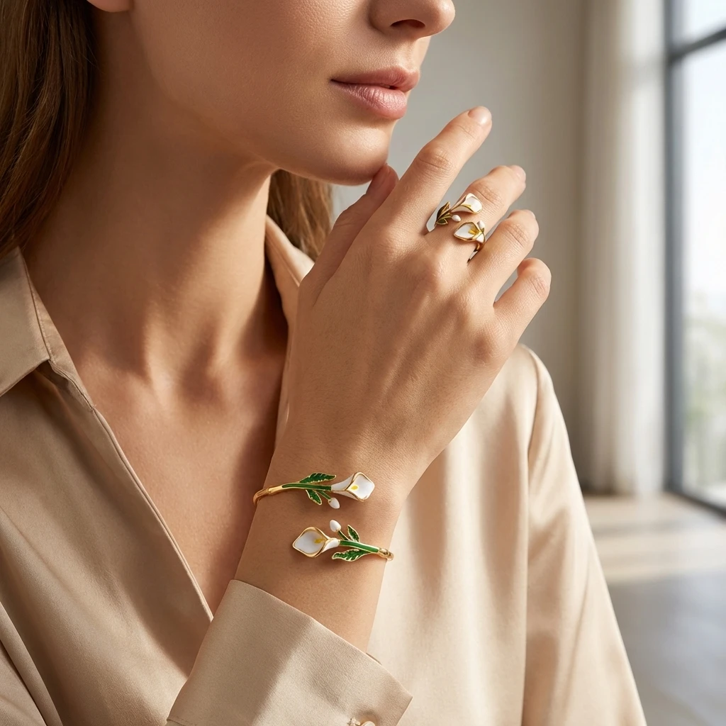 French Vintage Calla Lily Gold Color Bangle Ring Set for Women White Enamel Flower Open Cuff Bracelet Dainty Floral Jewelry Gift
