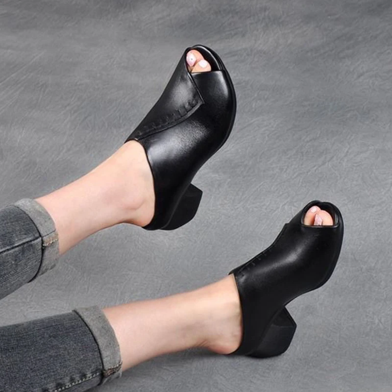 Comemore 2025 Retro Women Slippers Soft Shoes Close Toe High Heels Slides Black Mules Flip Flops for Summer Medium Heel Slides