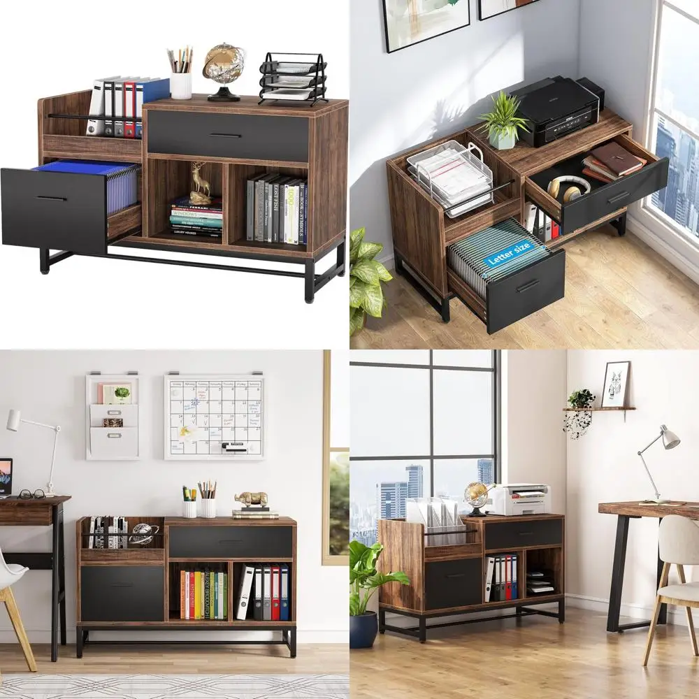 39 Desk-Side Dual-Drawer Wood File Cabinet with Open Shelves for Home Office