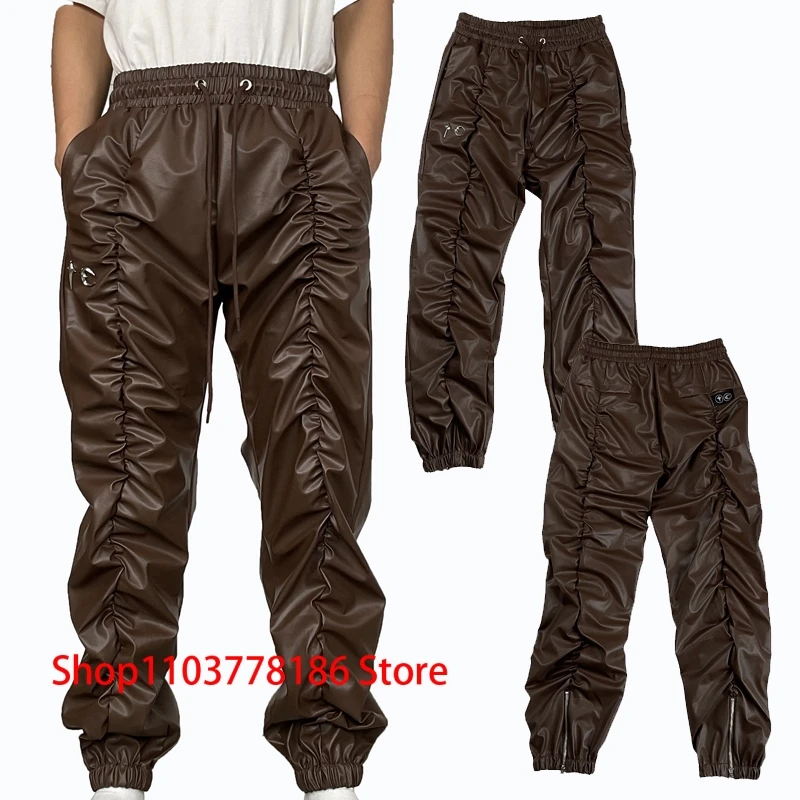 Europe America Street Pleated Design Sense Thug Club Leather Trousers Hip Hop Metal Logo Men Women Elastic Waist Casual Pants