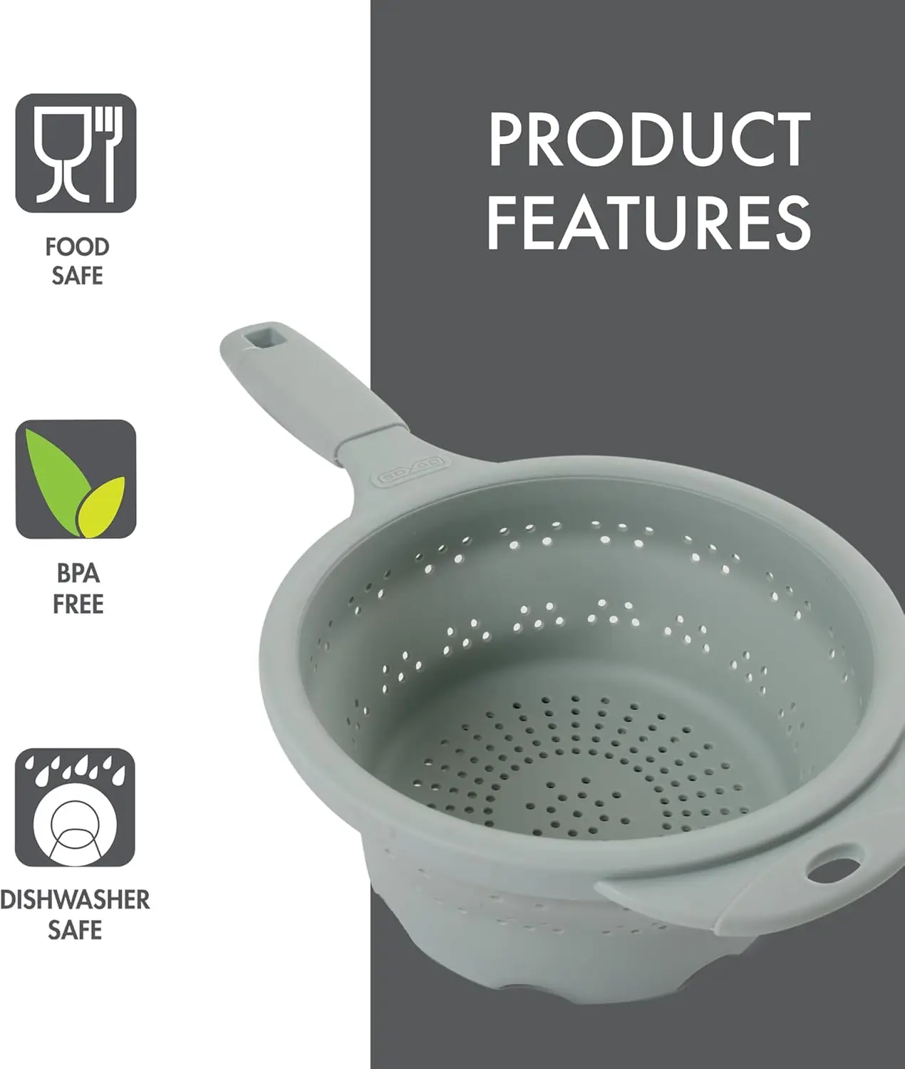 Coador de silicone dobrável de 8" em sálvia, filtro de cozinha com alças, capacidade de 7,2 xícaras |   Sem BPA, resistente ao calor, espaço-Sav